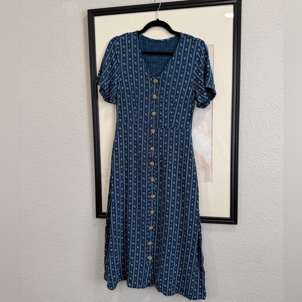 Blue Button-Down Midi Dress Cottagecore Whimsical Spring Pockets